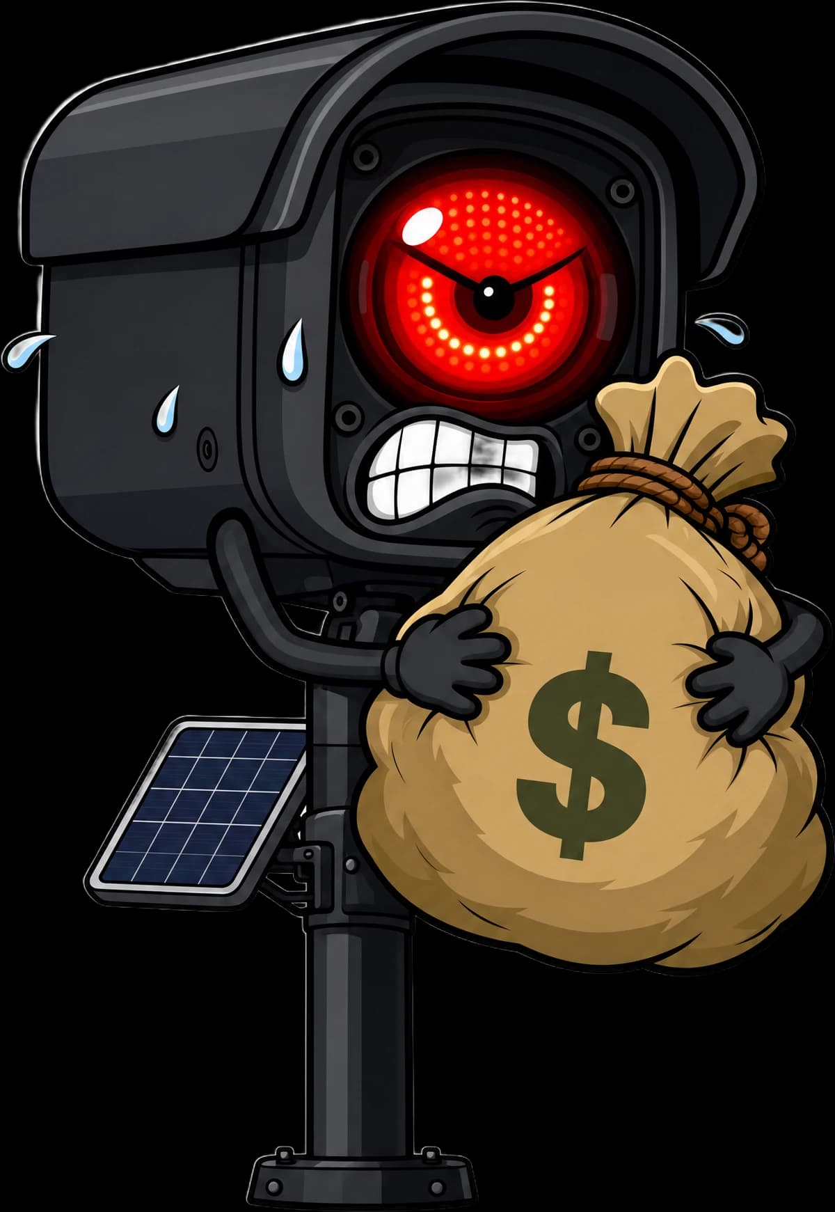 The DEAXON mascot: a plate-reader camera on a pole, sweating, hugging a bag of money.